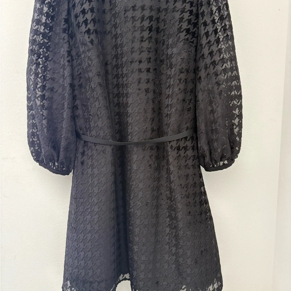 Ann Taylor NWT Black Houndstooth Sheer Sleeve A-Line Belted Dress Size 16 - Picture 4 of 11